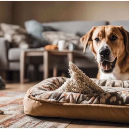 The dog chewed up its bed in the living room