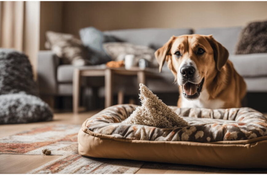 The dog chewed up its bed in the living room
