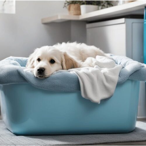 Dog Lying on Dog Bed in Front of Washing Machine