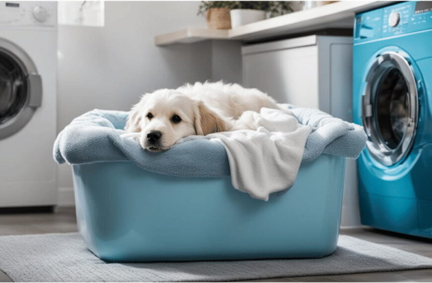 Dog Lying on Dog Bed in Front of Washing Machine