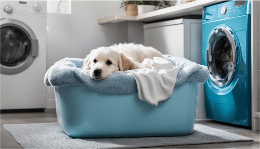 Dog Lying on Dog Bed in Front of Washing Machine