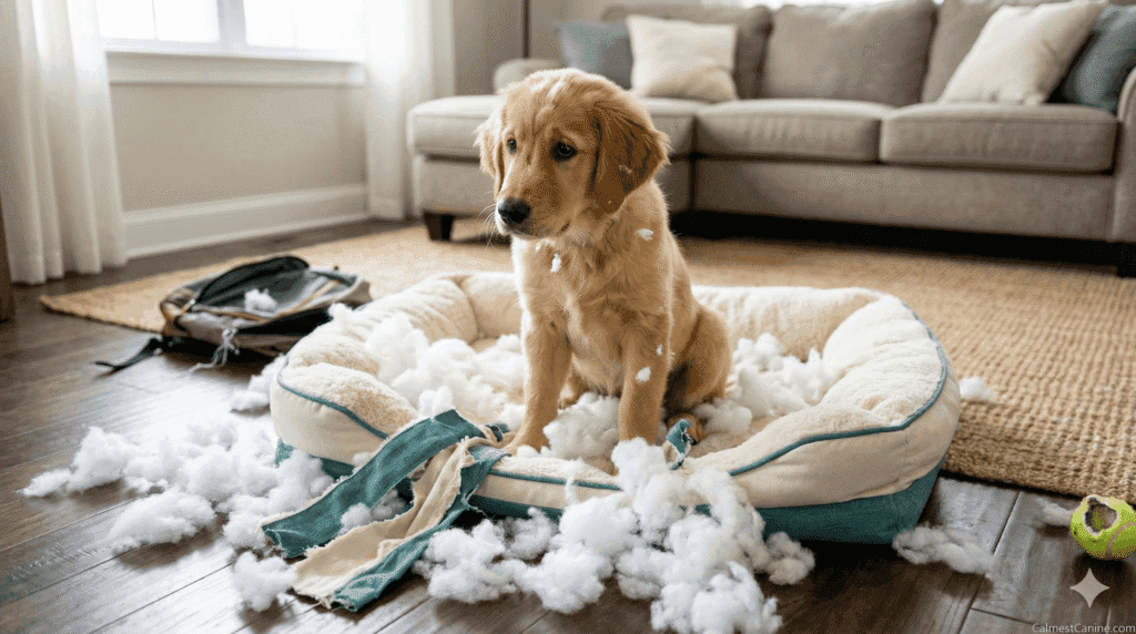 Dog sitting next to a chewed-up bed, showing common destructive behavior.