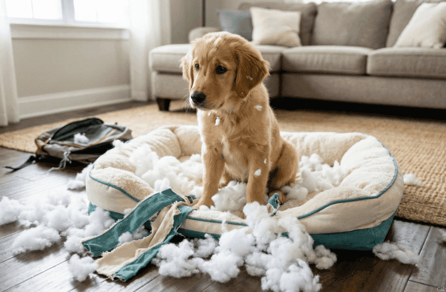 Dog sitting next to a chewed-up bed, showing common destructive behavior.