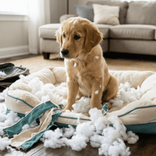 Dog sitting next to a chewed-up bed, showing common destructive behavior.
