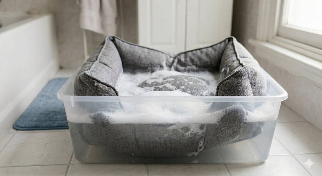 Dog Bed Laying In Container filled with dog friendly detergent and water