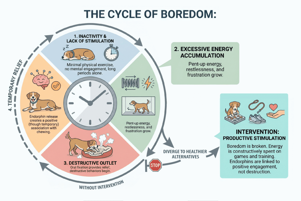 An infographic titled 'The Cycle of Boredom' illustrating how a lack of stimulation leads to dog bed chewing, and how owner intervention with productive stimulation breaks the destructive loop.