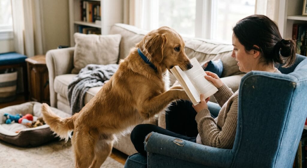 A golden-colored dog nudging its owner's book to seek attention while she reads on a blue armchair, illustrating common canine attention-seeking behaviors