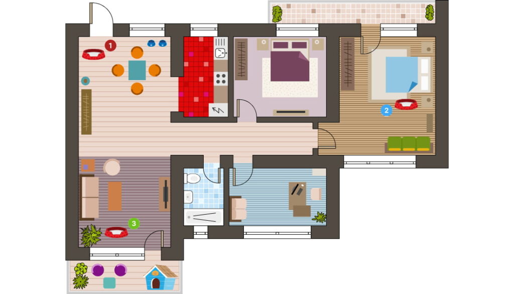 Example house floor plan showing three different dog beds placed in different rooms of the home to ensure a dog has plenty of resting spots