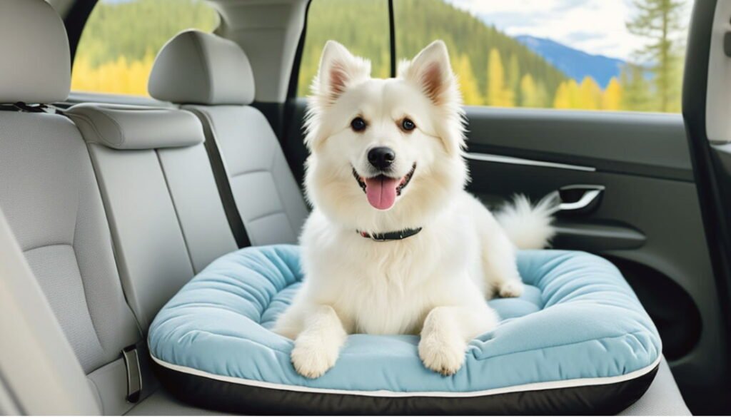 Dog is lying on travel dog bed in the backseat of a car during a road trip