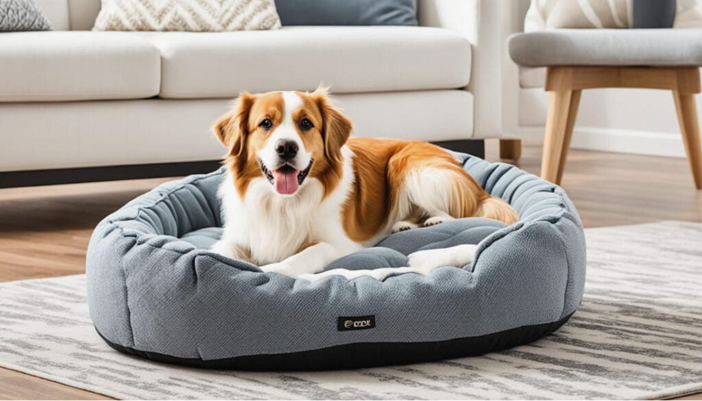 dog is comfortably lying on its own dog bed to keep it off the furniture in the room