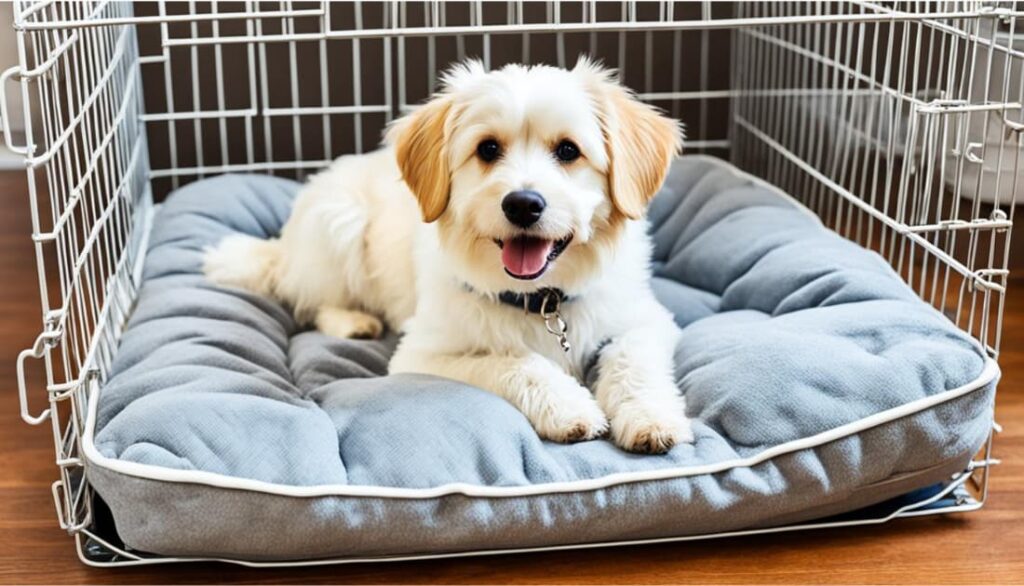 Puppy in Crate Training lying down on rectangular dog bed placed inside the puppy crate 