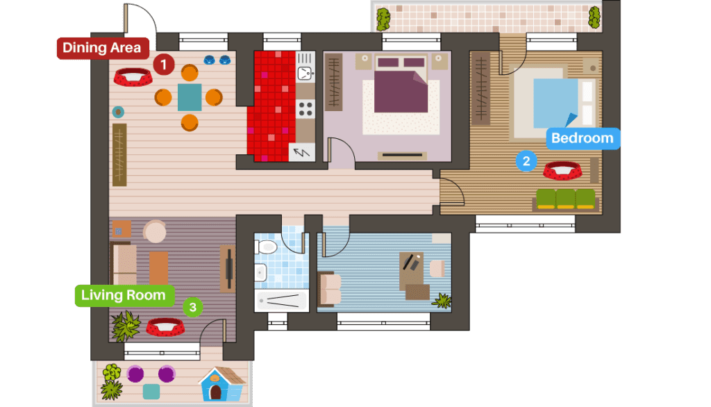 Example floor plan with numbered bed placement locations- one in the bedroom, one in the dining area and one in the living room