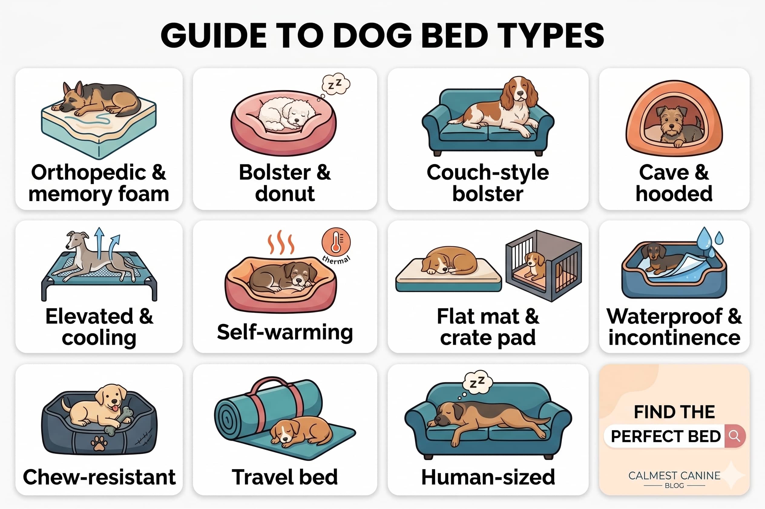 An illustrated guide to 11 dog bed types from Calmest Canine, including orthopedic memory foam, bolster and donut, couch-style bolster, cave and hooded, elevated and cooling, self-warming, flat mat and crate pad, waterproof and incontinence, chew-resistant, travel, and human-sized beds — each showing a dog using that bed type.