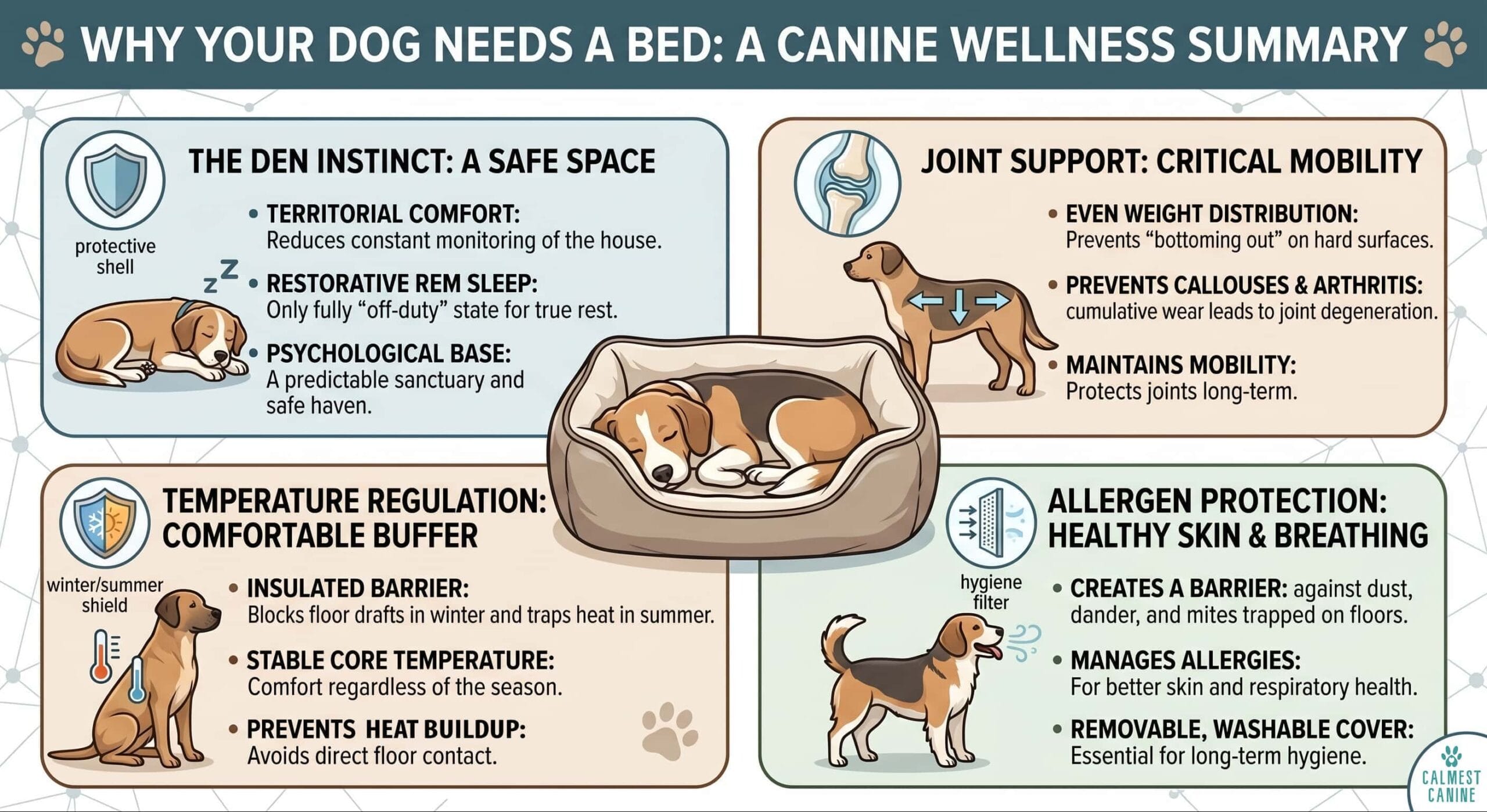 Infographic showing why a dog bed is important for your dog's health, including joint support, temperature regulation, allergen protection, and the natural den instinct — from Calmest Canine.