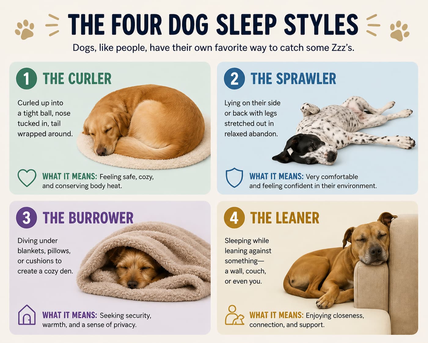 An educational infographic from Calmest Canine titled 'The Four Dog Sleep Styles.' It identifies four common positions: 1. The Curler (tucked in a ball for warmth and safety), 2. The Sprawler (lying on side or back, showing confidence and comfort), 3. The Burrower (hiding under blankets for privacy and security), and 4. The Leaner (sleeping against a surface or person for connection and support).