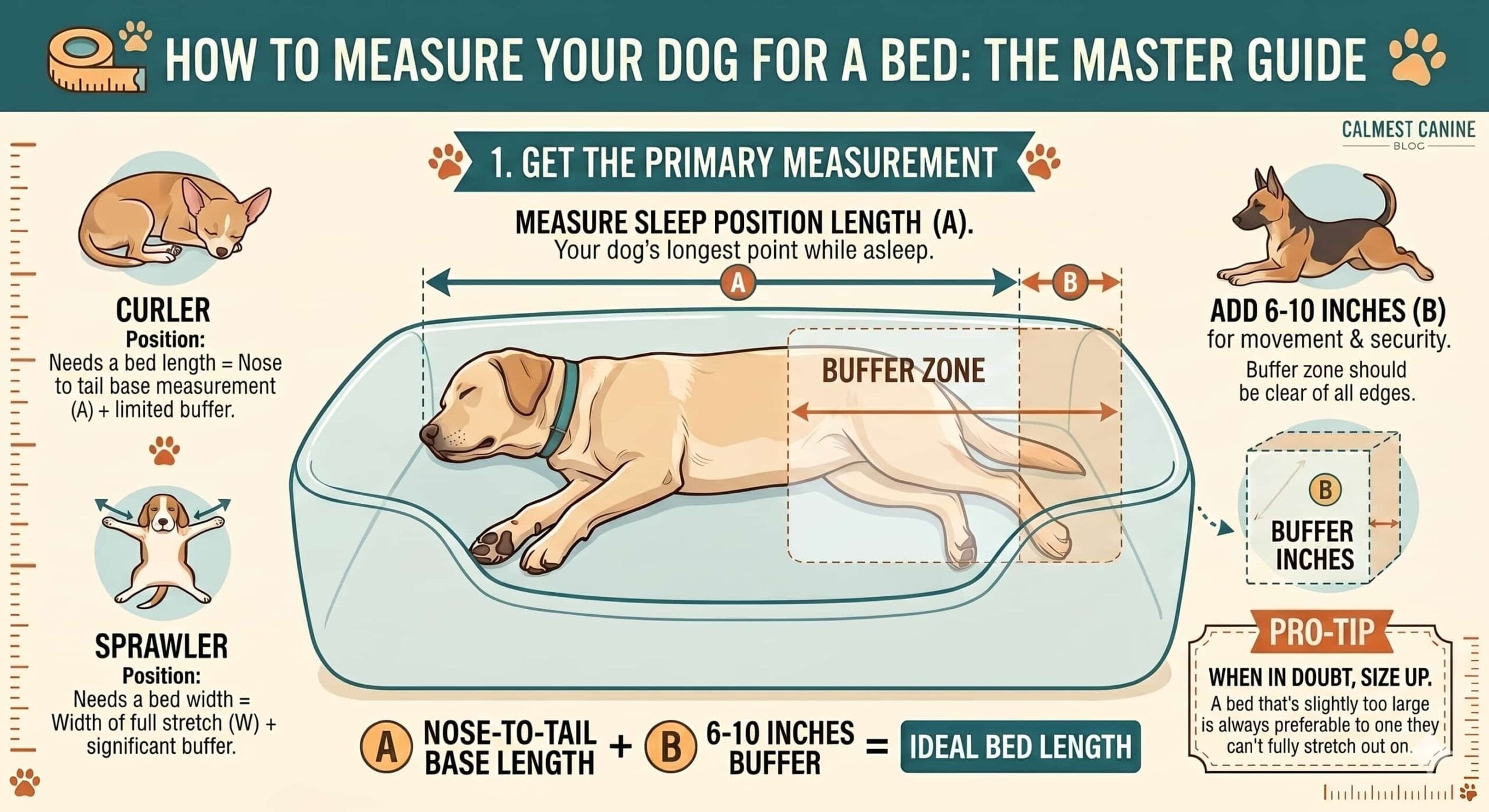 A comprehensive infographic titled "How to Measure Your Dog for a Bed: The Definitive Guide." Shows a central large dog in a blue collar, measured from nose to tail-base (A) + 6-10 inches (B) for a total Supportive Buffer Zone. Includes illustrative guides for Curler and Sprawler sleep styles, a pro-tip callout, and a Den Instinct icon.