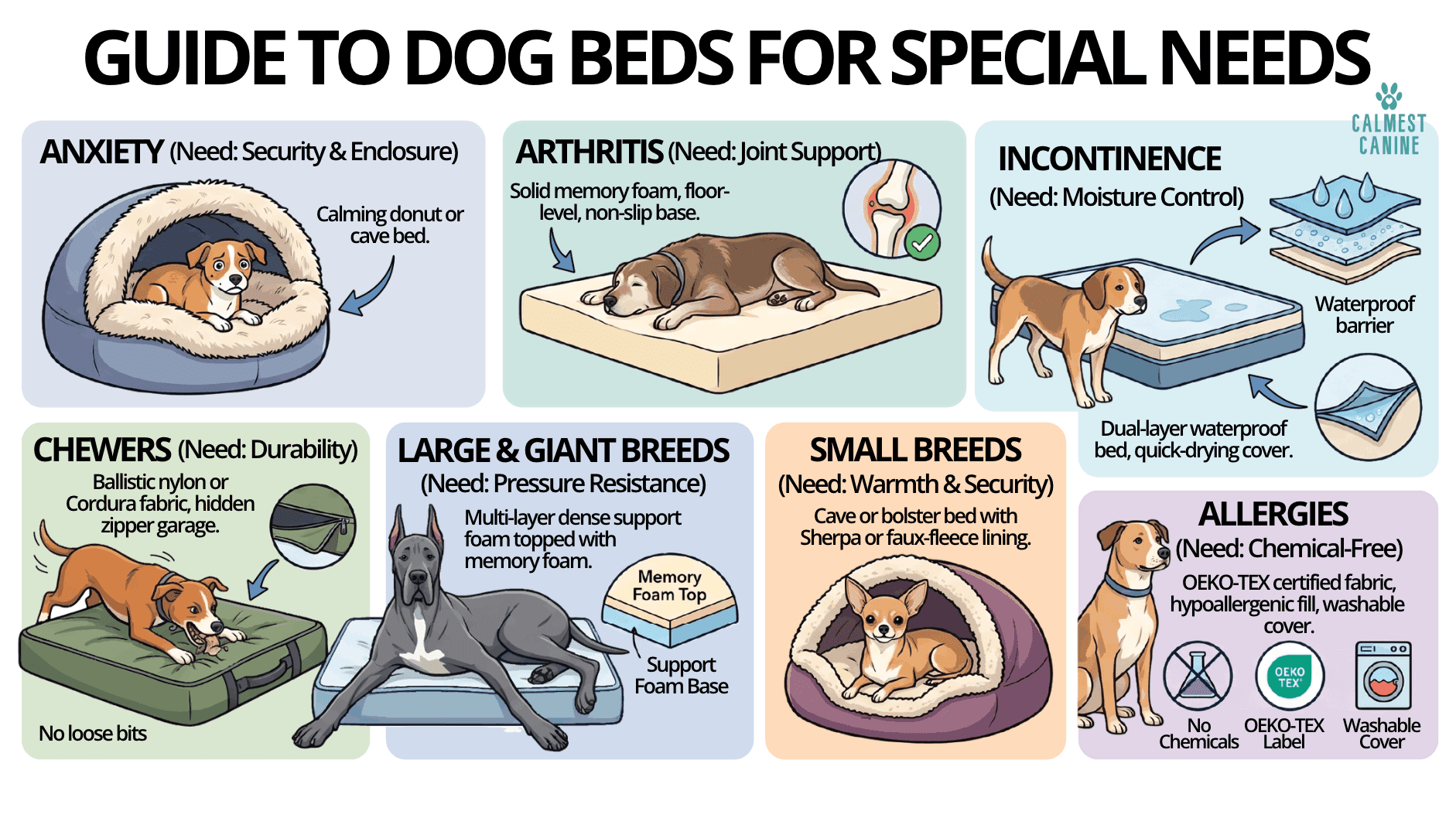 Guide to Dog Beds for Special Needs anxiety arthritis incontinence chewers large and small breeds allergies
