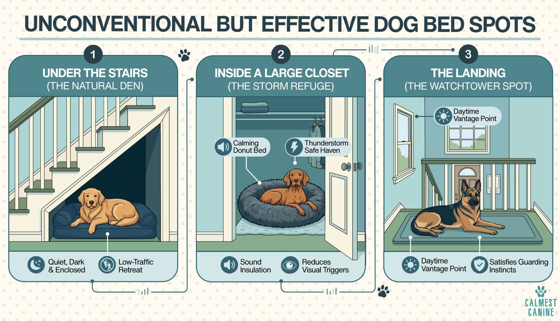 Infographic showing three unconventional but effective locations for a dog bed: a natural den under the stairs for quiet enclosure, a storm refuge inside a large closet with a calming donut bed for sound insulation and a low-traffic retreat, and a daytime vantage point on a staircase landing for dogs with guarding instincts.
