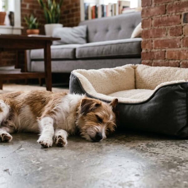 A dog sleeping on the hard floor right next to a perfectly nice, empty dog bed located in the living room.