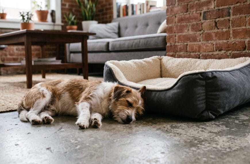 A dog sleeping on the hard floor right next to a perfectly nice, empty dog bed located in the living room.