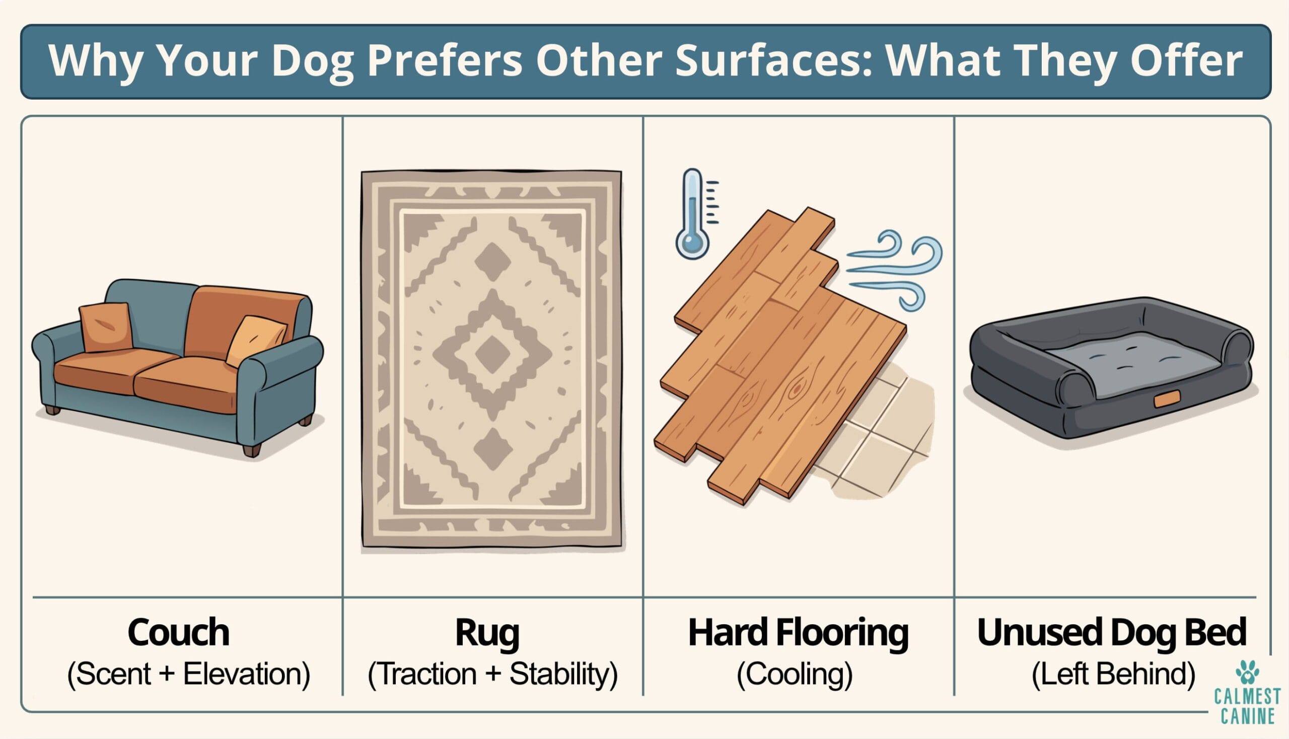 Graphic comparing what a couch, rug, and hard flooring offer a dog compared to their unused bed