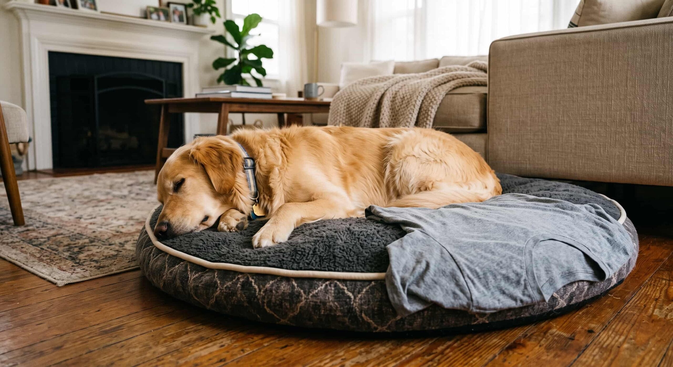 Golden retriever sleeping on a dog bed with a worn t-shirt draped over it to add a familiar scent