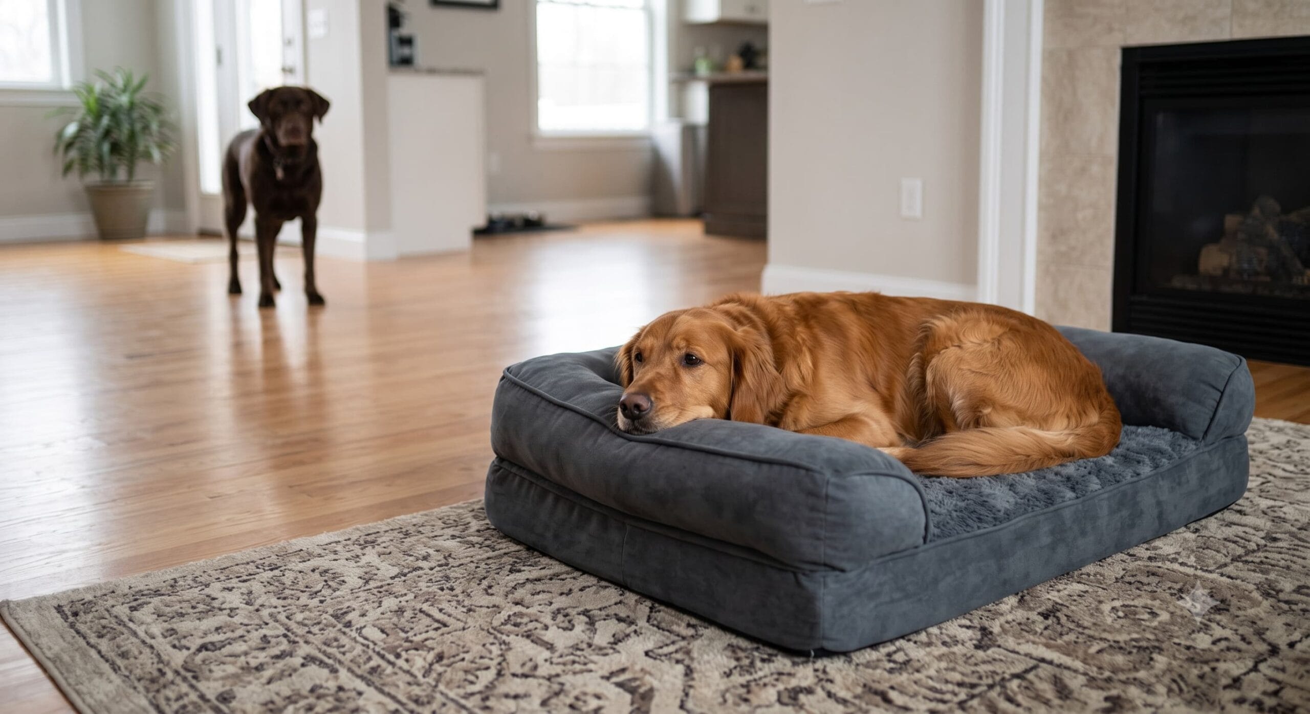 Golden retriever resting on a dog bed while a second dog keeps its distance across the room