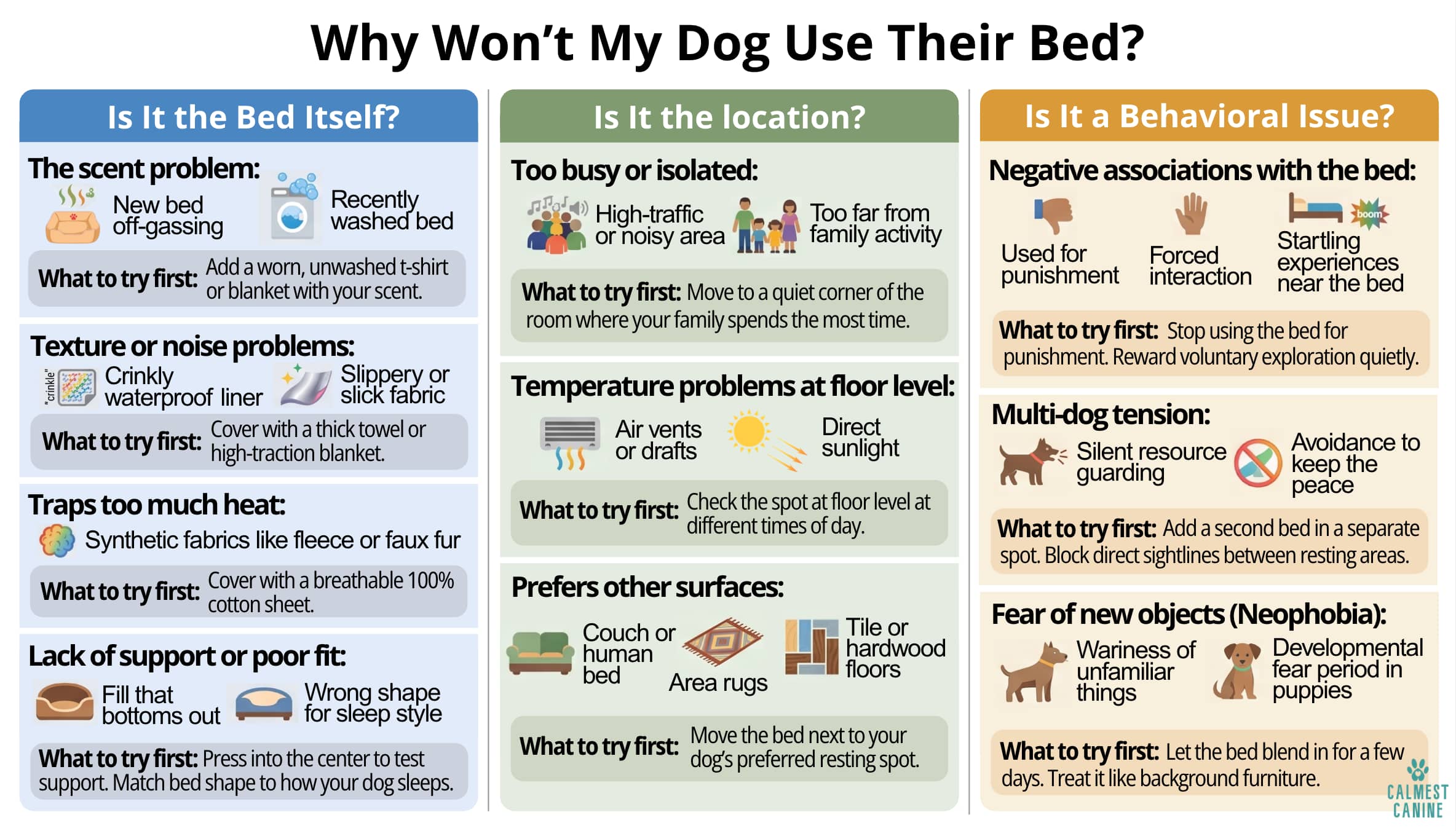 Chart showing common reasons why my dog won't use their bed, including scent, texture, temperature, support, location, and behavioral causes